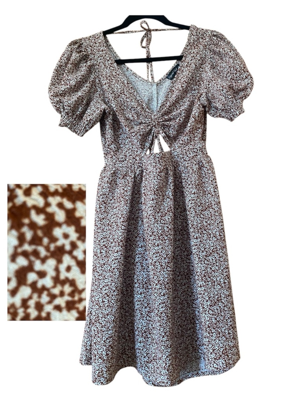 Crystal Doll Floral Mini Dress Puff Sleeve Cutout Tie Back Brown M